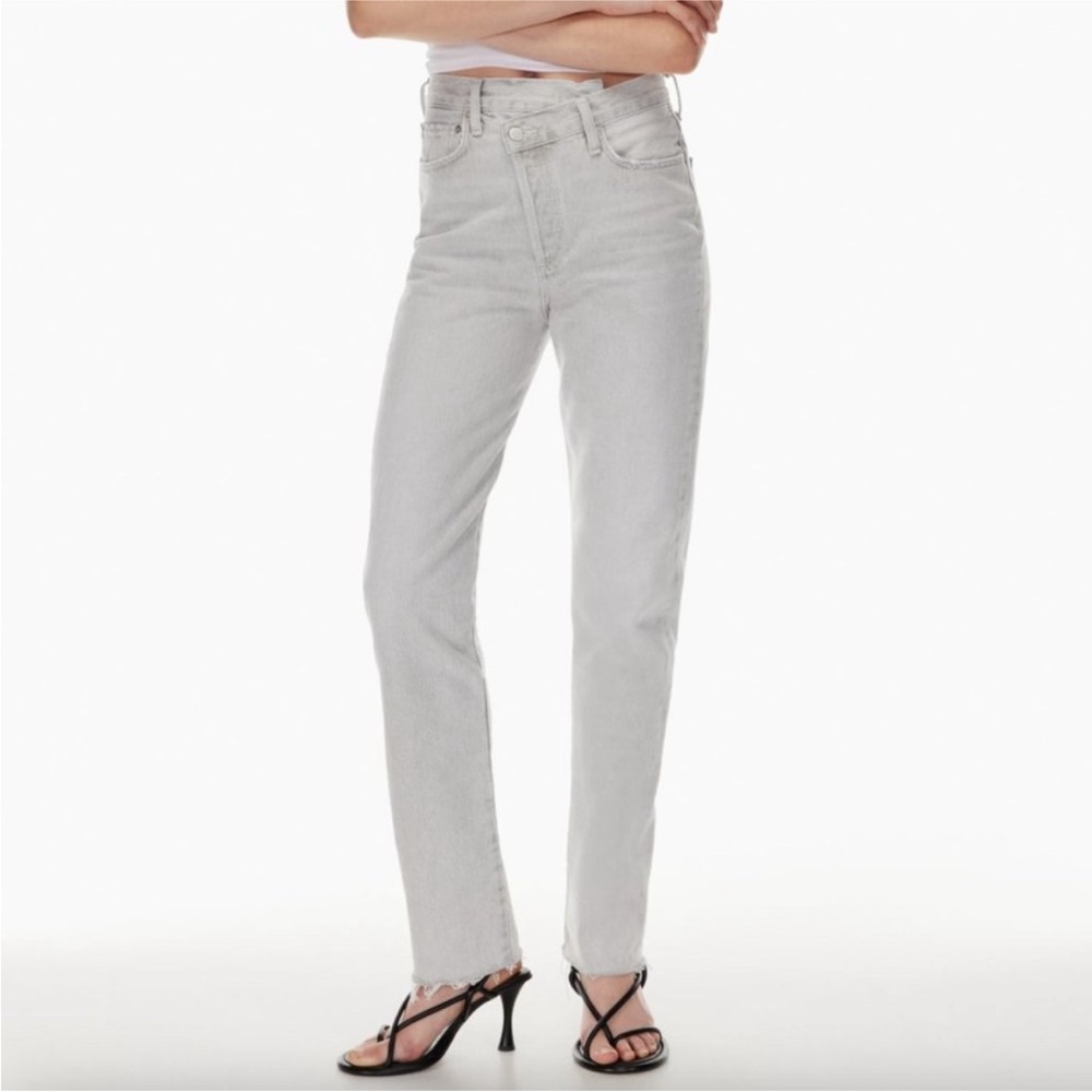 AGOLDE • Criss Cross Straight Leg Raw Hem Jeans in Coin Light Gray • Size 31